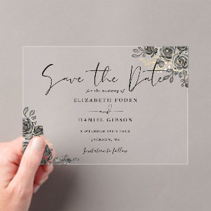 Black And Gold Gothic Floral Wedding Save The Date Acrylic Invitations