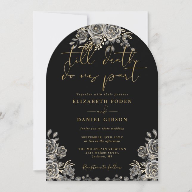 Black And Gold Gothic Roses Floral Arch Wedding Invitation (Front)