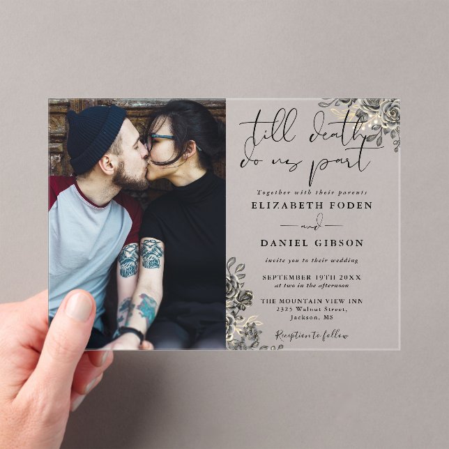 Black And Gold Gothic Roses Floral Photo Wedding Acrylic Invitations (Insitu (Handheld))