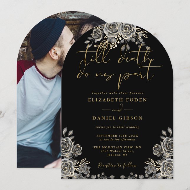 Black And Gold Gothic Roses Floral Photo Wedding Invitation (Front/Back)