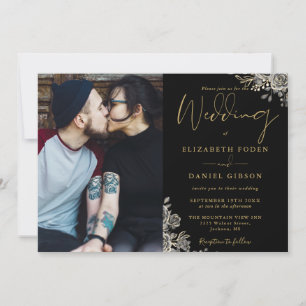 Black And Gold Gothic Roses Floral Photo Wedding Invitation