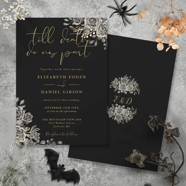 Black And Gold Gothic Roses Floral Wedding Invitation | Zazzle