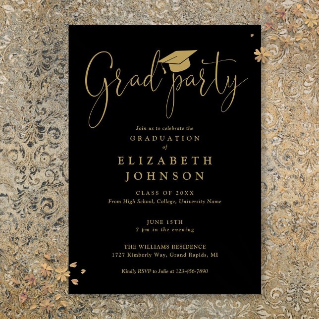 Black And Gold Grad Party Script Graduation  Invitation (Black And Gold Grad Party Script Graduation Invitation)