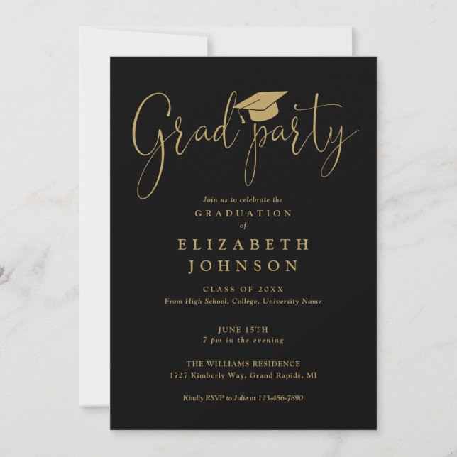 Black And Gold Grad Party Script Graduation  Invitation (Front)