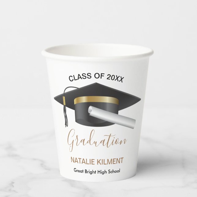 Black and Gold Graduate Cap Graduation 2022 Paper Cups (Front)