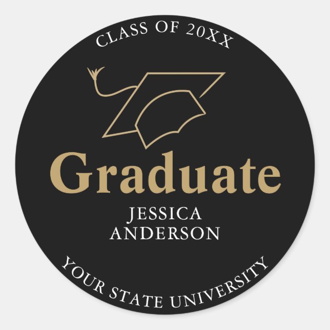 Black and Gold Graduate Cap Graduation Classic Round Sticker (Front)