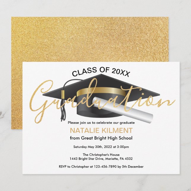 Black and Gold Graduate Cap Graduation Party Invitation (Front/Back)