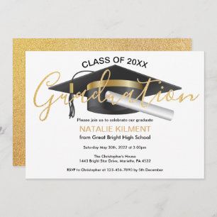 Black and Gold Graduate Cap Graduation Party Invitation