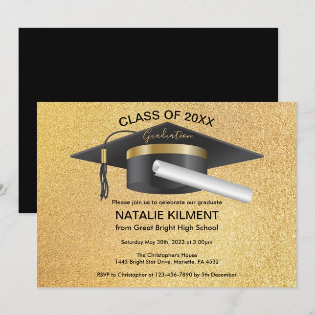 Black and Gold Graduate Cap Graduation Party Invitation (Front/Back)