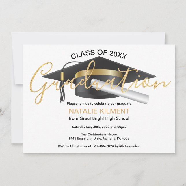 Black and Gold Graduate Cap Graduation Party Invitation (Front)