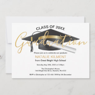 Black and Gold Graduate Cap Graduation Party Invitation