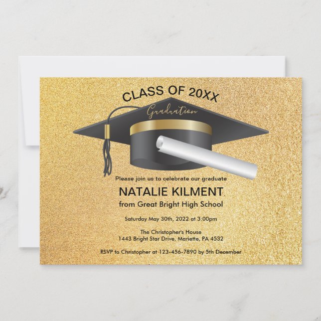 Black and Gold Graduate Cap Graduation Party Invitation (Front)