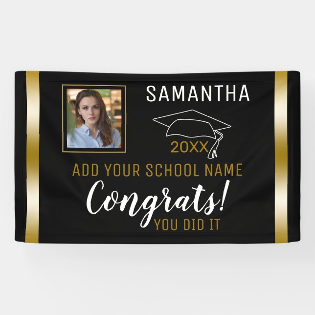 Black And Gold Graduate Photo Graduation Congrats Banner (Horizontal)
