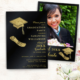 Black and Gold Graduate Photo Graduation Party Invitation