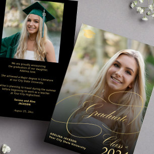 Black and gold graduate script photo graduation announcement