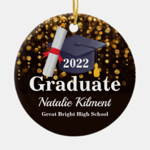 Black and Gold Graduation Cap Class of 2022 Photo Ceramic Tree Decoration
