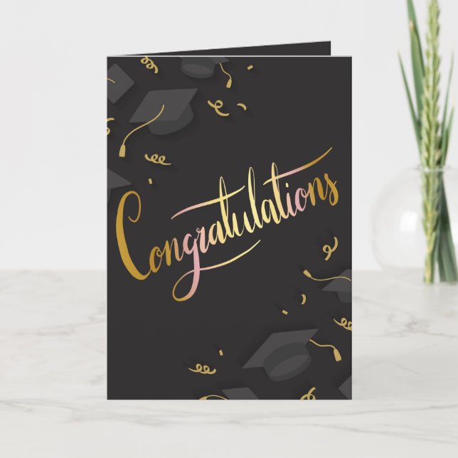 Black and Gold Graduation Cap Greeting Card (Front)