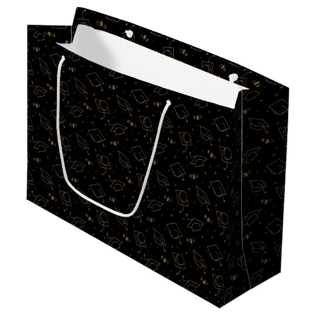 Black and Gold Graduation Cap Toss Large Gift Bag (Front Angled)