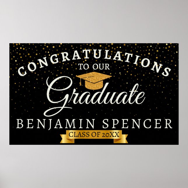 Black and Gold Graduation Celebration Banner Poster (Front)