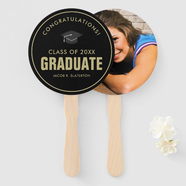 Black and Gold Graduation Congratulations Photo Hand Fan (Front and Back)