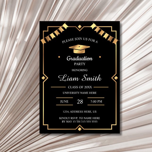 Black and Gold Graduation Elegant Invite (Elegant Black and Gold Graduation Party Card Invitation )