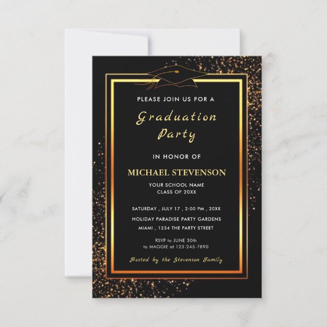 Black and Gold Graduation Invitation Template (Front)