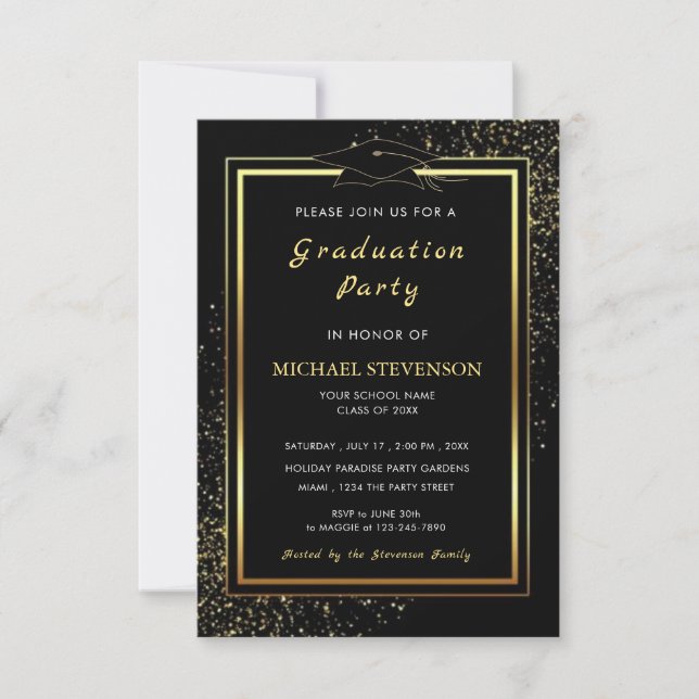 Black and Gold Graduation Invitation Template (Front)