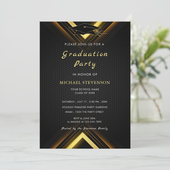 Black and Gold Graduation Invitation Template (Standing Front)
