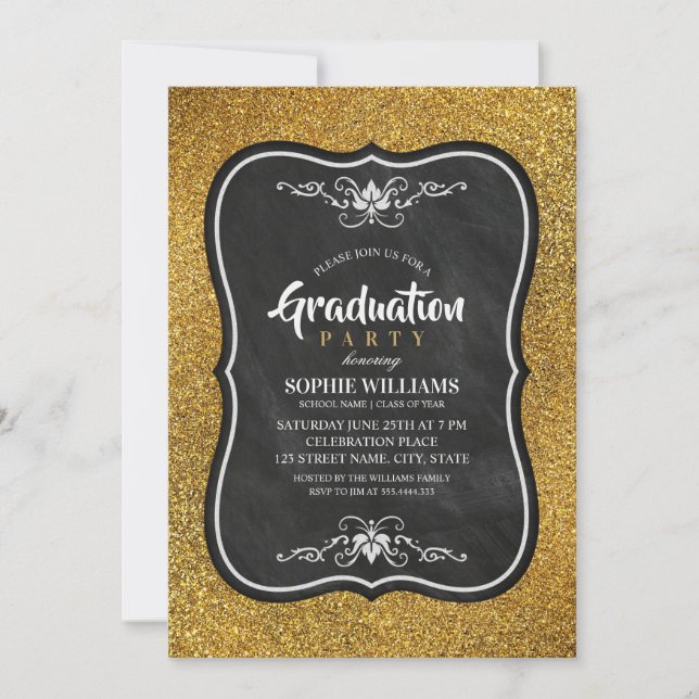 Black And Gold Graduation Invitations Glitter (Front)