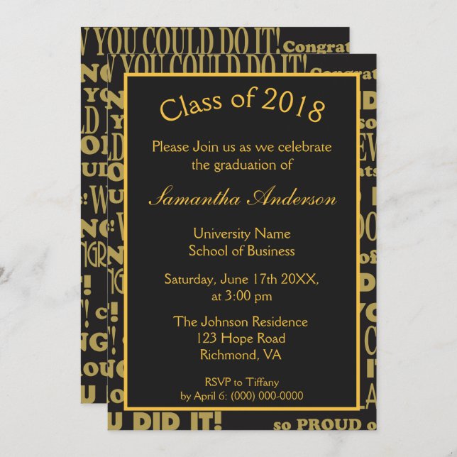 Black and Gold Graduation Party Invitation (Front/Back)