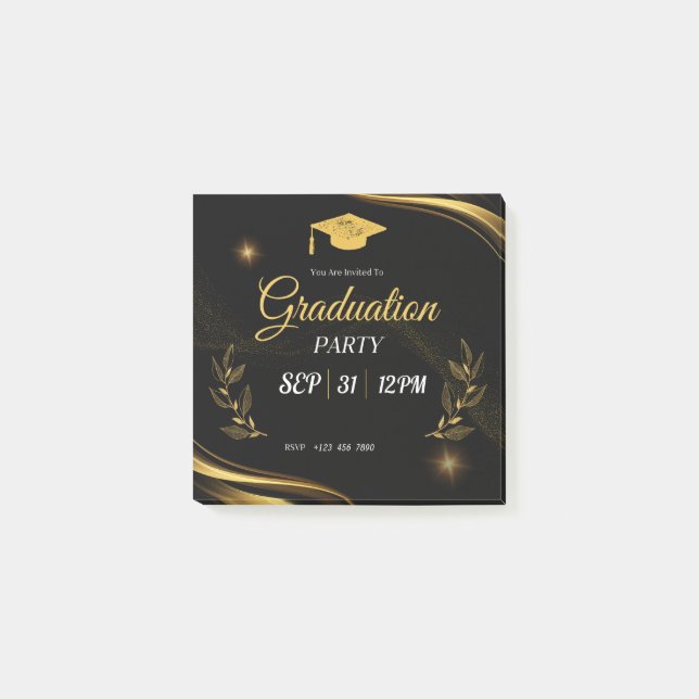 Black and Gold Graduation Party Invitation Post-it Notes (Front)