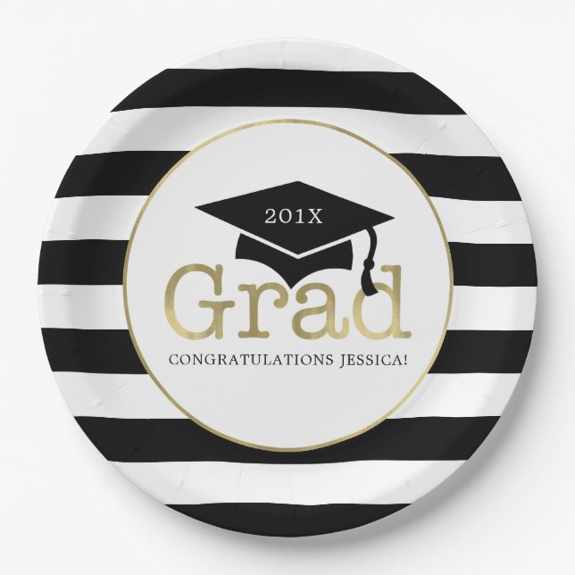 Black and Gold Graduation Party Paper Plate (Front)