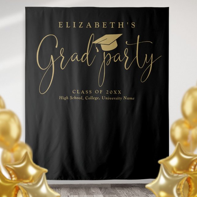 Black And Gold Graduation Party Photo Backdrop Tapestry (Black And Gold Graduation Party Photo Backdrop)