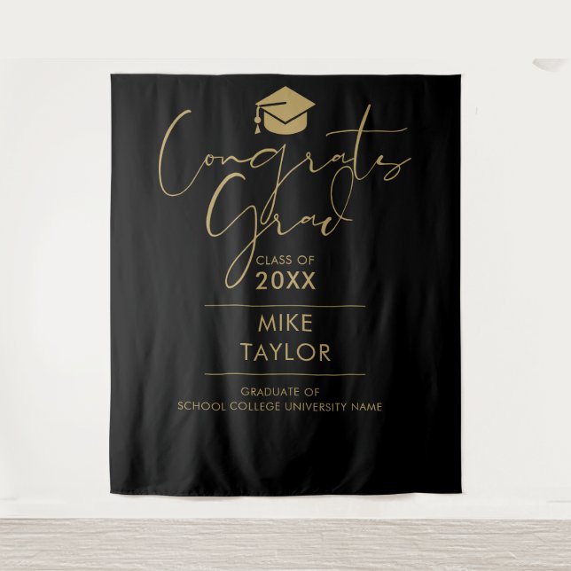 Black And Gold Graduation Party Photo Backdrop Tapestry (Front)