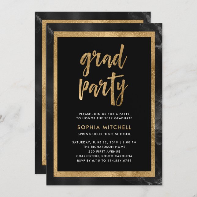 Black and Gold | Graduation Party Photo Invitation (Front/Back)