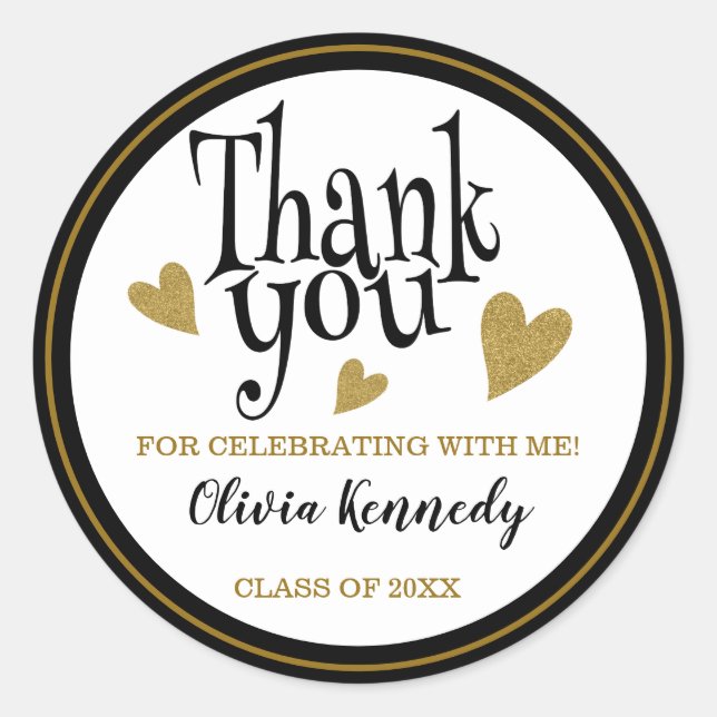 Black And Gold Graduation Party Thank You Favour Classic Round Sticker (Front)
