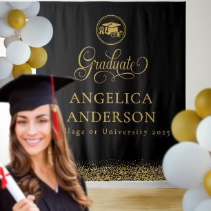 Black and Gold Graduation Photo Backdrop Tapestry