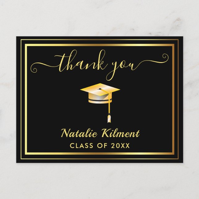 Black and Gold Graduation Thank You Postcard (Front)