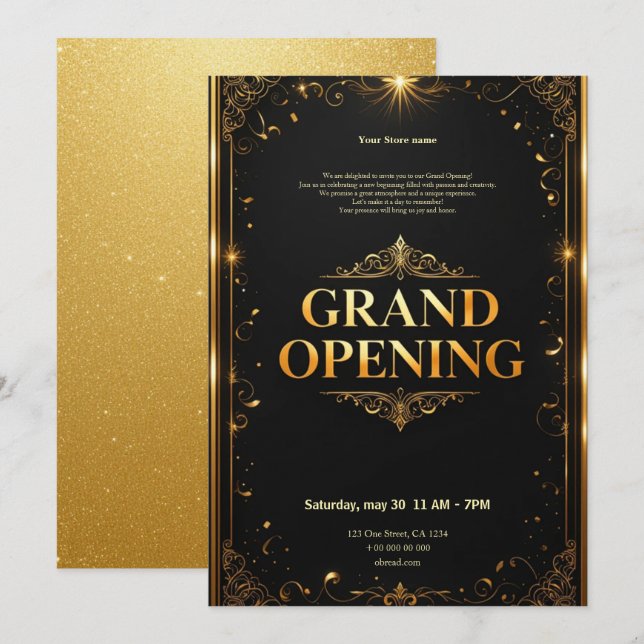 Black and Gold Grand Opening Invitation (Front/Back)
