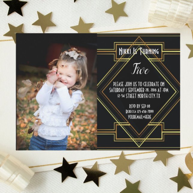 black and gold great gatsby photo Birthday party Invitation (black and gold great gatsby photo Birthday party Invitation)