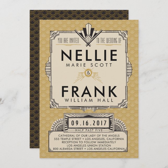 Black and Gold Great Gatsby Wedding Invitations (Front/Back)