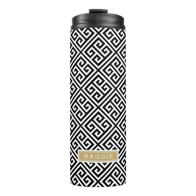 Black and Gold Greek Key Monogram Thermal Tumbler (Front)