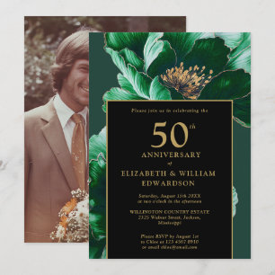 Black And Gold Green Floral 50th Anniversary Invitation