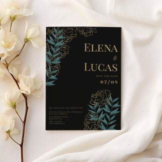 Black and gold green peonies leaf floral wedding invitation