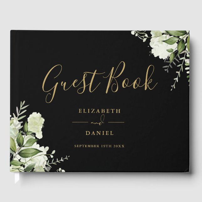 Black And Gold Greenery Floral Wedding Guest Book (Front)