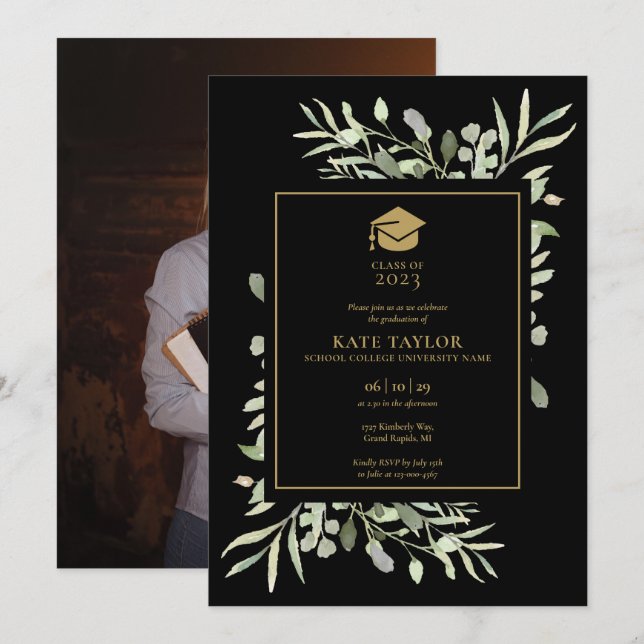 Black And Gold Greenery Photo Graduation Party Inv Invitation (Front/Back)