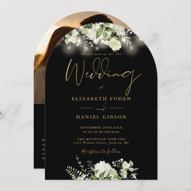 Black And Gold Greenery QR Code Photo Arch Wedding Invitation (Front/Back)