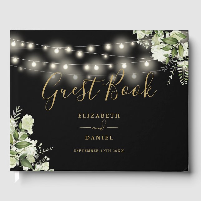 Black And Gold Greenery String Lights Wedding Guest Book (Front)