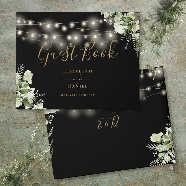 Black And Gold Greenery String Lights Wedding Guest Book (Black And Gold Greenery String Lights Wedding Guest Book)