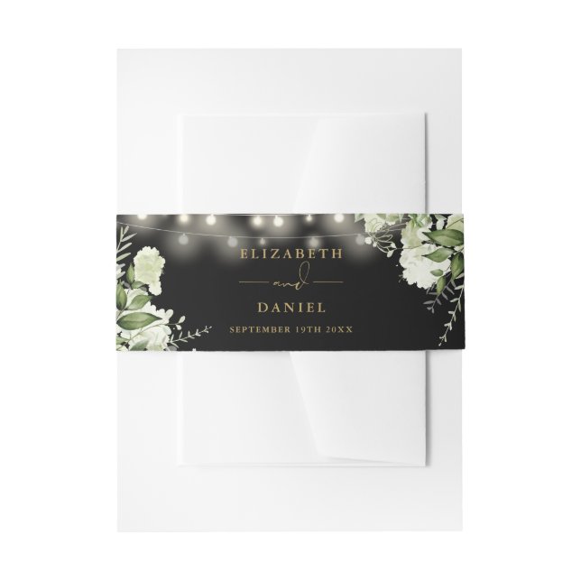 Black And Gold Greenery String Lights Wedding Invitation Belly Band (Front Example)